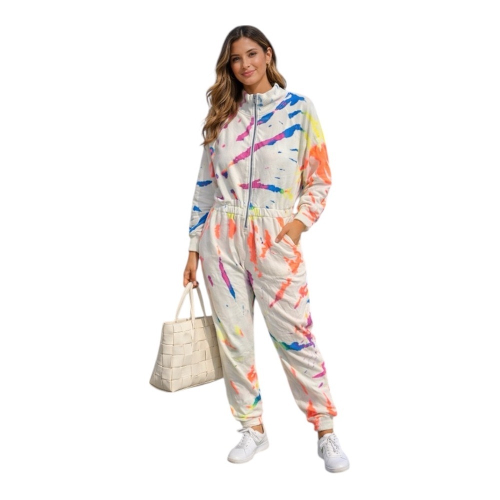 Lezat Neon Tie Dye Jumpsuit NWT Fleece Lined Zip Front One Piece